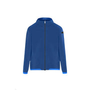 Blazer à capuche pour homme Rrd, veste zippée bleue en polyester avec bordure bleu clair et écusson noir sur la manche gauche.