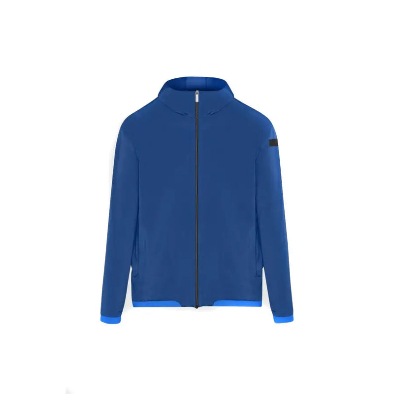 Blazer à capuche pour homme Rrd, veste zippée bleue en polyester avec bordure bleu clair et écusson noir sur la manche gauche.