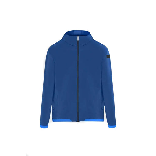 Blazer à capuche pour homme Rrd, veste zippée bleue en polyester avec bordure bleu clair et écusson noir sur la manche gauche.