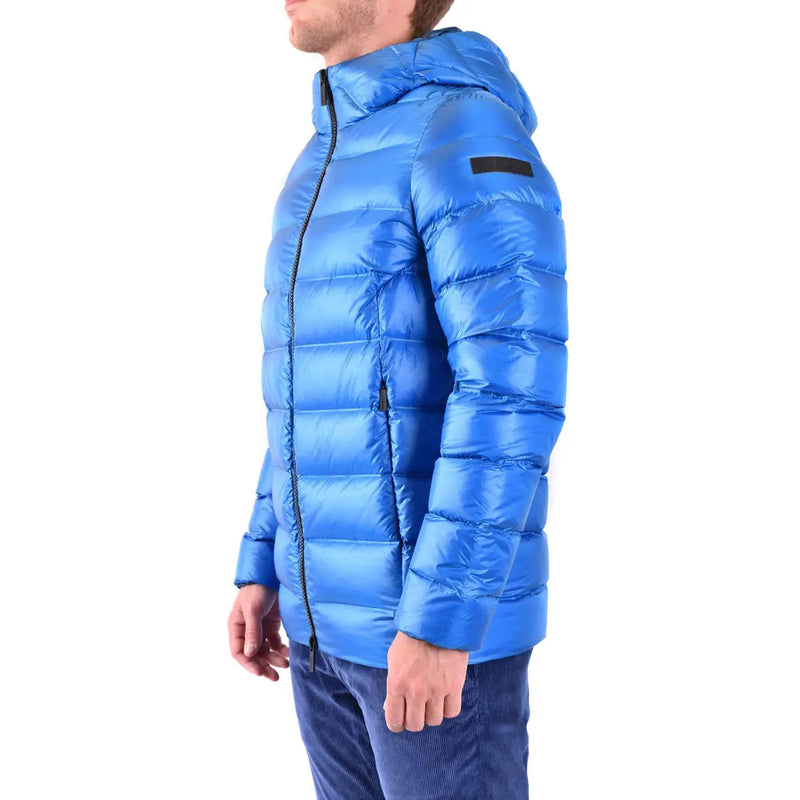 Doudoune matelassée longue à capuche bleue pour homme Rrd, en polyamide, avec fermetures éclair noires, idéale pour l'automne et l'hiver.