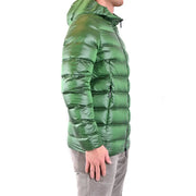 Green down jacket with hood and zipper, likely made of nylon or polyester.