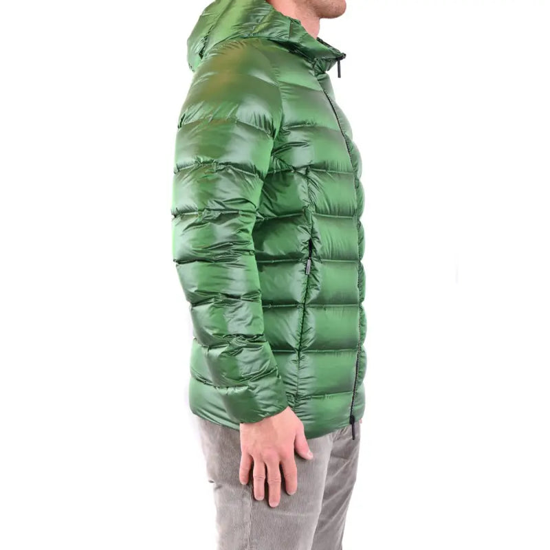 Green down jacket with hood and zipper, likely made of nylon or polyester.