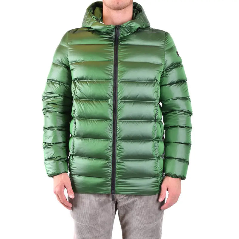 Green moncler down jacket with hood and zipper.