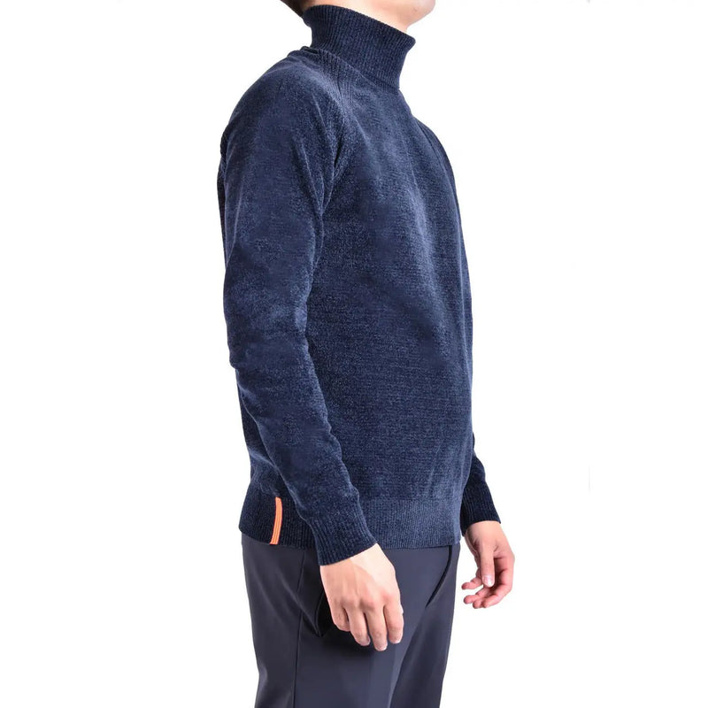 Pull à col roulé Rrd pour homme en maille texturée bleu marine avec une rayure orange à l'ourlet, vue de face