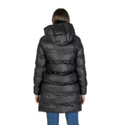 Black puffer coat with quilted horizontal stitching and hood in the style of sandro ferrone black turtleneck jacket for women