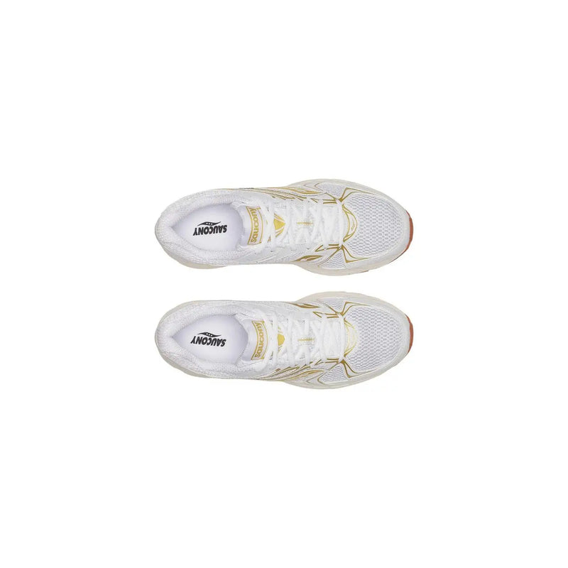 White saucony women leather sneakers ride millennium with gold accents and breathable mesh upper for running
