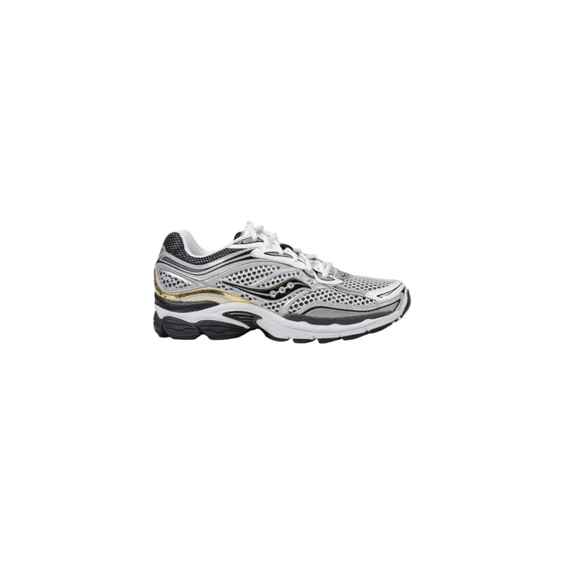 Silver and black saucony women white synthetic sneakers progrid omni 9 with mesh upper white laces and gold accent stripe