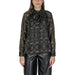 Semi-sheer black blouse with white floral patterns and high neck bow detail for women