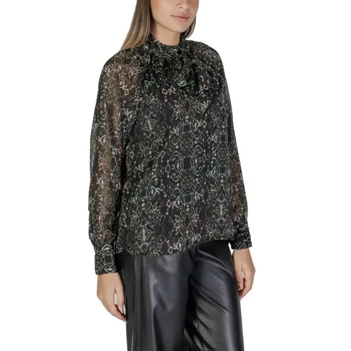Semi-sheer black floral blouse with long sleeves and high neckline for women’s fashion