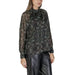 Semi-sheer black floral blouse with long sleeves and high neckline for women’s fashion