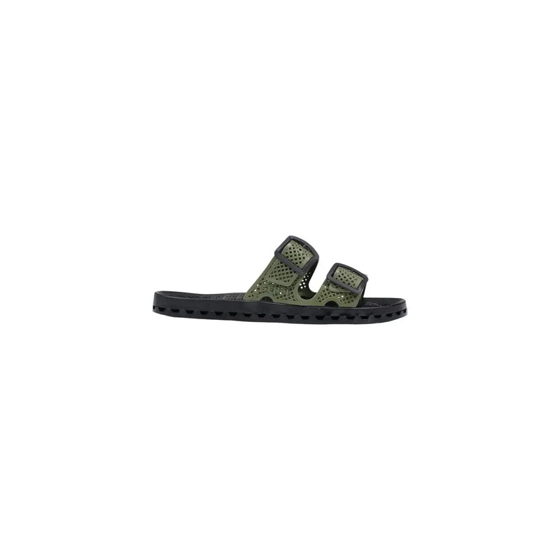 Sensi men slippers la jolla urban black pvc open toe olive green perforated slide sandals with black rubber soles and adjustable straps