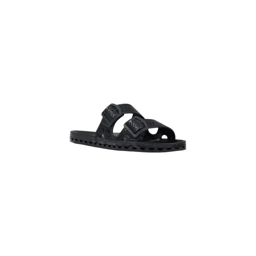 Pantoufles Sensi pour homme en caoutchouc noir, style urbain La Jolla, avec deux brides perforées réglables et détails de boucle carrée