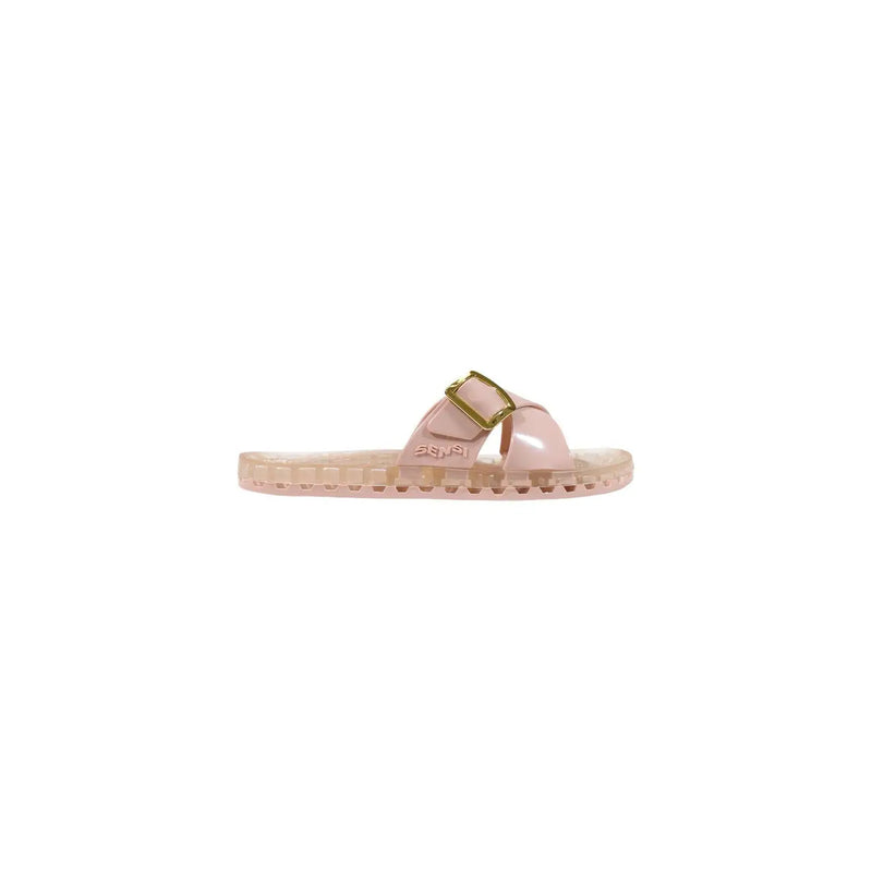 Pink translucent pvc jelly slide sandal with gold-tone buckle from sensi women sorrrento flamingo collection