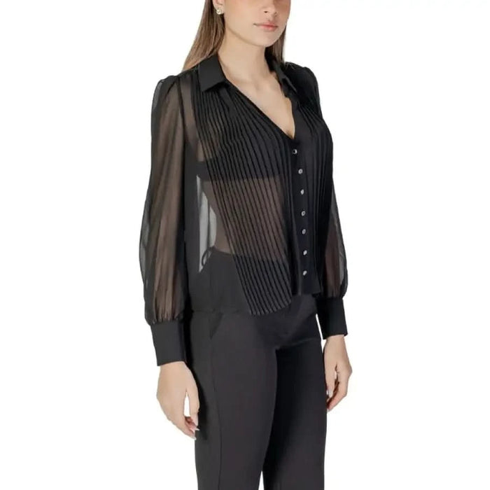 Sheer black blouse with pleated front and button closure for Morgan De Toi shirt