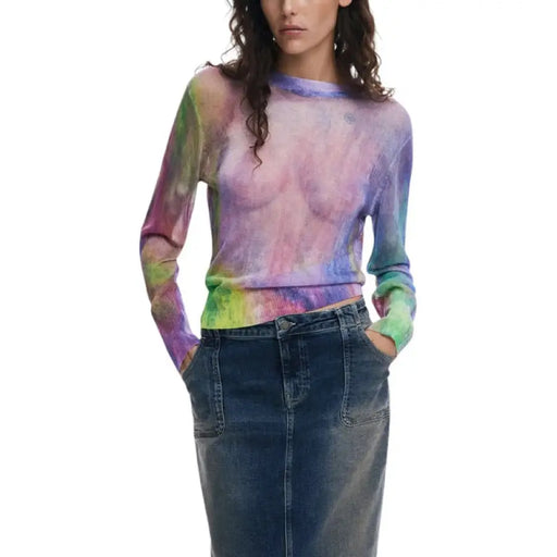 Sheer Tie Dye Long Sleeve Top and Denim Skirt displayed in a fashion product image