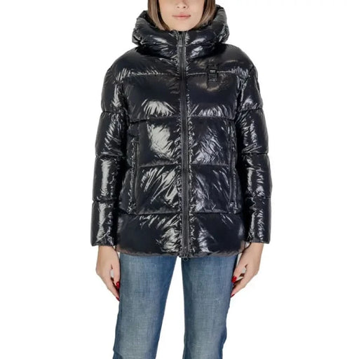 Shiny black puffer jacket showcased in Blauer Women’s Black Turtleneck Hooded Jacket