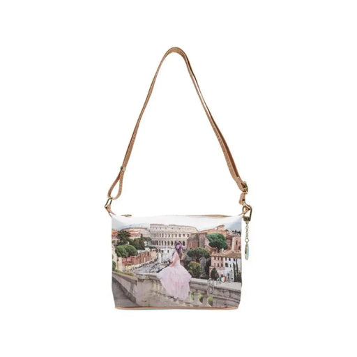 Shoulder bag featuring a detailed print of the Colosseum and cityscape design