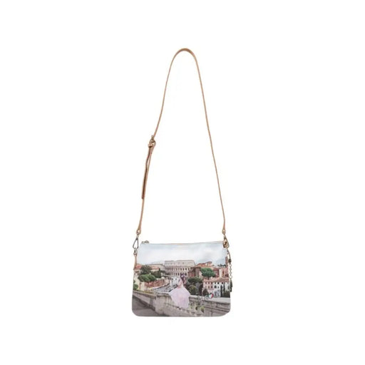 Printed shoulder bag featuring Colosseum design and decorative charm for stylish use