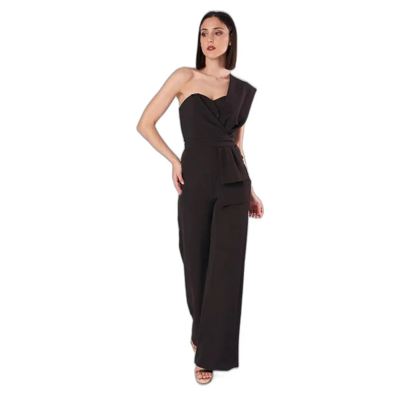 Black one-shoulder jumpsuit with sweetheart neckline draped bodice and wide-leg pants by silence women