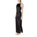 Sleeveless black satin maxi dress displayed in a product image with elegant design