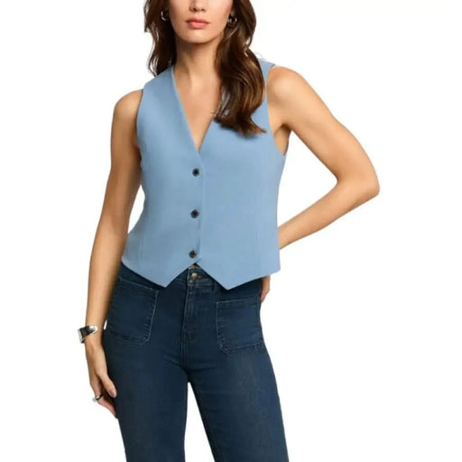 Light blue sleeveless button-up vest from Morgan De Toi for women’s fashion