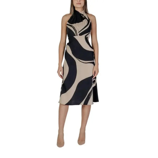 Rinascimento Beige Print Dress, a sleeveless halter midi dress for Spring/Summer collection