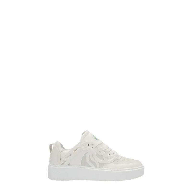 Baskets Stella McCartney en cuir blanc pour femme, ornées d'un motif abstrait gris ajouré et d'une semelle plateforme épaisse.