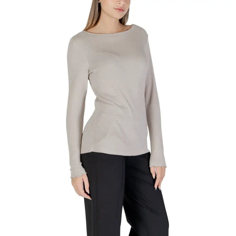 Women’s light brown long-sleeved boat-neck knit sweater from Street One for women