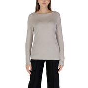 Street One beige long round neck knit sweater for women with boat neckline and frayed cuffs in long sleeve design