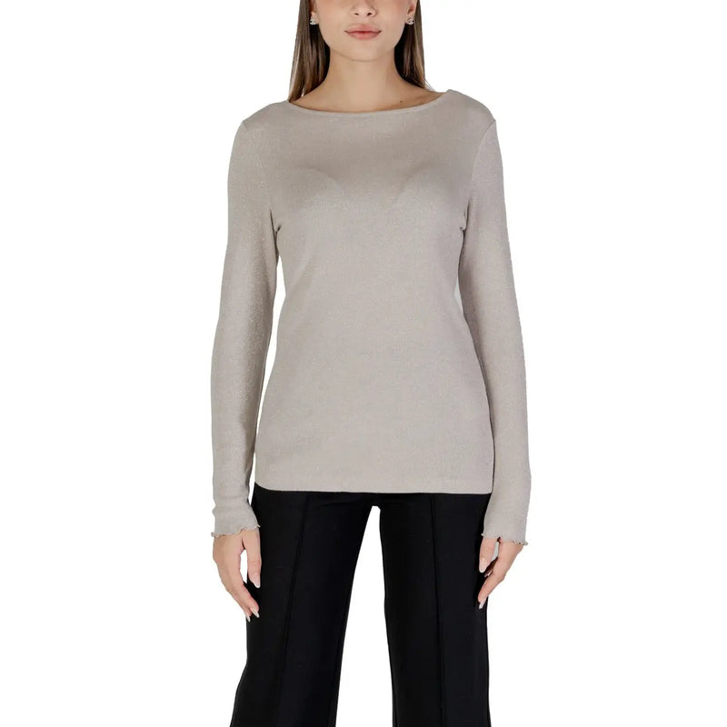 Street One beige long round neck knit sweater for women with boat neckline and frayed cuffs in long sleeve design