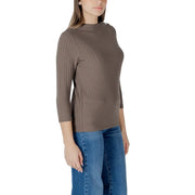 Street One brown round neck knitwear featuring ribbed texture and three-quarter sleeves in muted taupe color