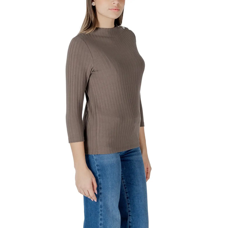 Street One brown round neck knitwear featuring ribbed texture and three-quarter sleeves in muted taupe color