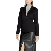 Street One women black long viscose blend blazer with sleek tailored fit and two front buttons