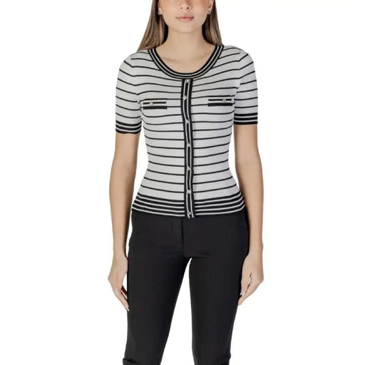 Morgan De Toi Women’s Striped White Round Neck Knit Top showcasing a stylish striped cardigan