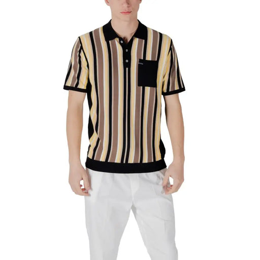 Striped knit polo shirt with pocket displayed for the product Striped Knit Polo Shirt With Pocket