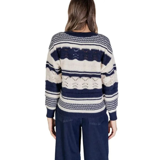 Striped knit sweater in blue, part of the Ichi Women Knitwear collection, 100% polyester