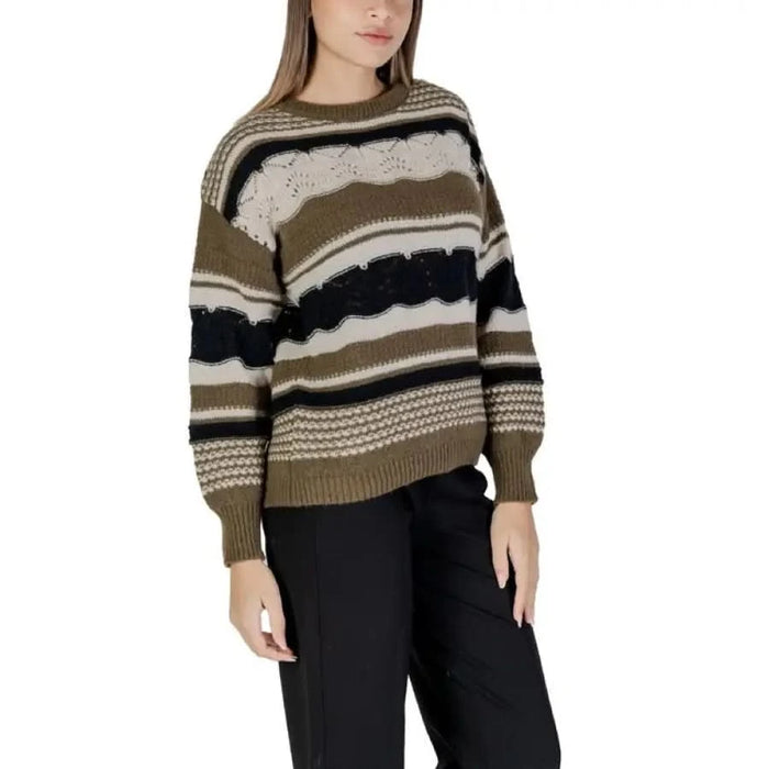 Striped knit sweater with long sleeves from Ichi in green, round neck for women