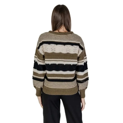 Ichi Women’s Green Round Neck Polyester Striped Knit Sweater for stylish comfort