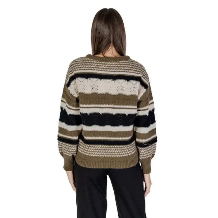 Ichi Women’s Green Round Neck Polyester Striped Knit Sweater for stylish comfort
