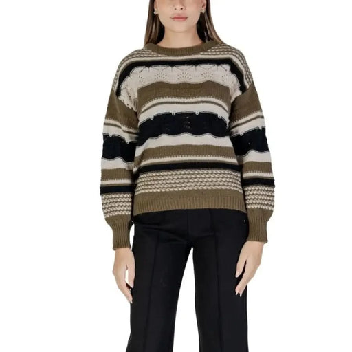 Ichi Women’s Green Round Neck Polyester Sweater with striped knit design