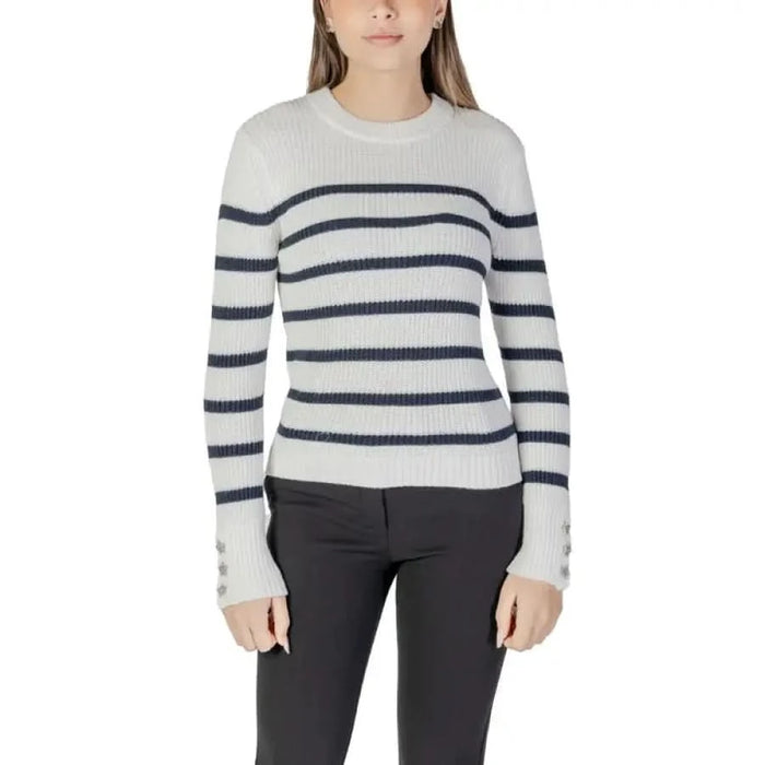 Morgan De Toi Women’s Beige Striped Long T-Shirt featuring a stylish knit design
