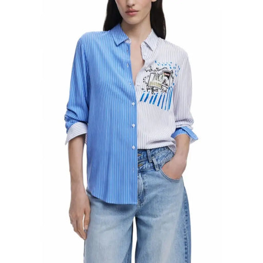 Striped long-sleeved button-down shirt displayed in the product listing