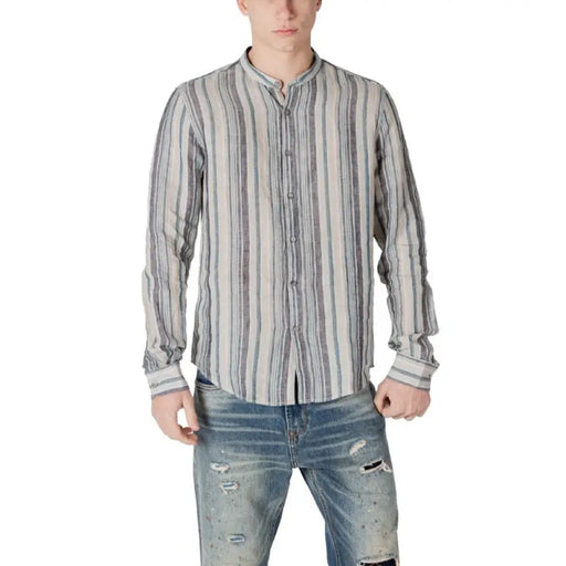 Brown Striped Linen Mandarin Collar Shirt by Gianni Lupo in a stylish long-sleeved design