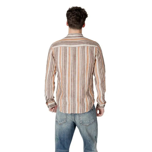 Gianni Lupo Brown Striped Linen Mandarin Collar Shirt with long sleeves and elegant design
