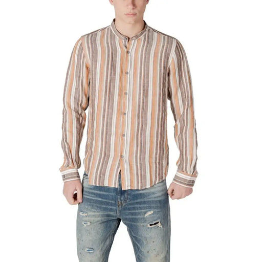 Gianni Lupo Brown Striped Linen Mandarin Collar Shirt displayed on a hanger