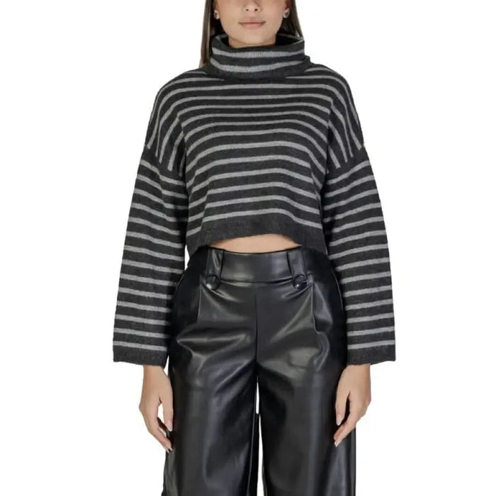 Beige striped turtleneck crop sweater for women, ideal for fall and winter fashion