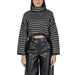 Beige striped turtleneck crop sweater for women, ideal for fall and winter fashion
