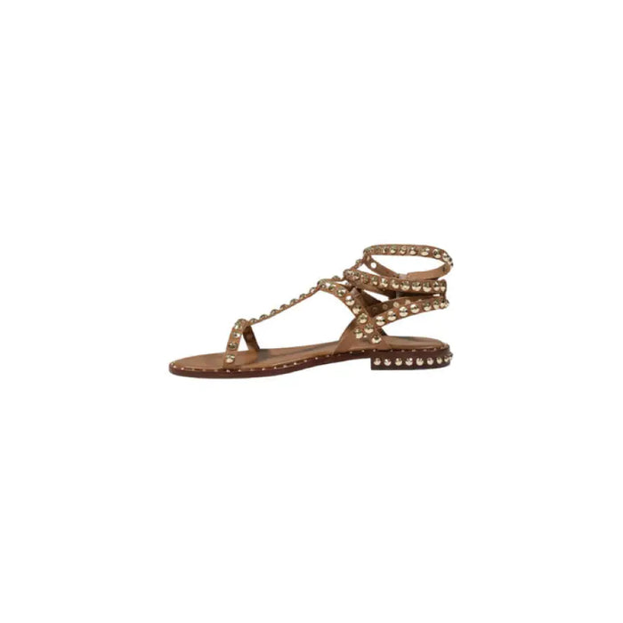 Brown studded leather gladiator sandal with multiple straps and buckle details