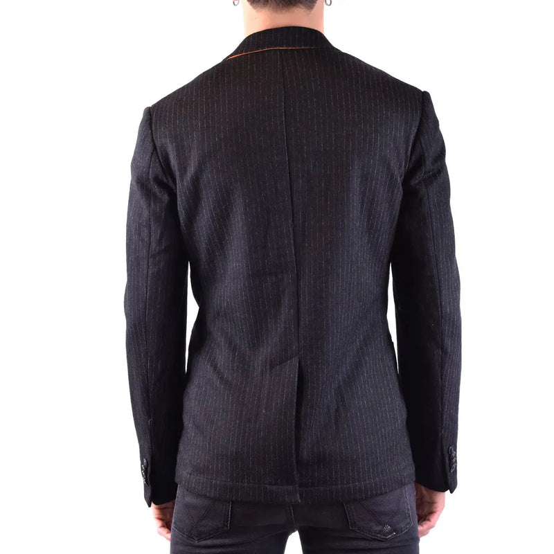 Sun68 Blazer homme en laine mélangée noire à fines rayures noires et liseré orange discret au niveau du col