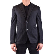 Sun68 Blazer homme en laine mélangée noire à fines rayures verticales gris anthracite et tissage texturé subtil.